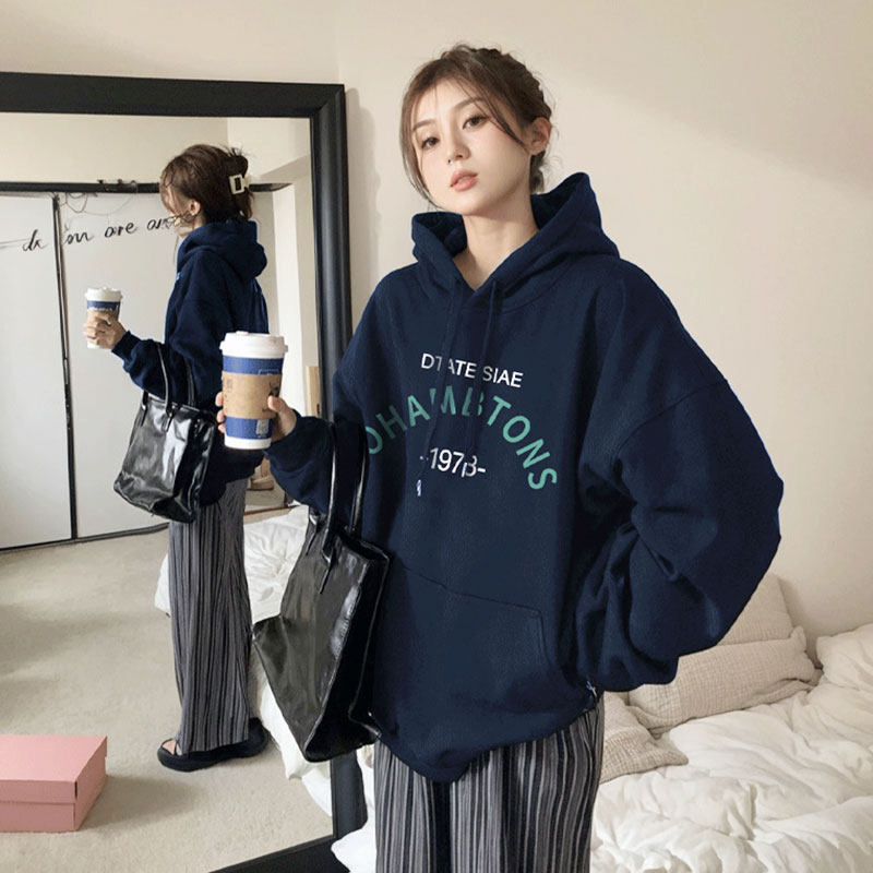 甜酷风小众设计感字母藏青色连帽卫衣女秋冬加绒宽松慵懒风外套潮