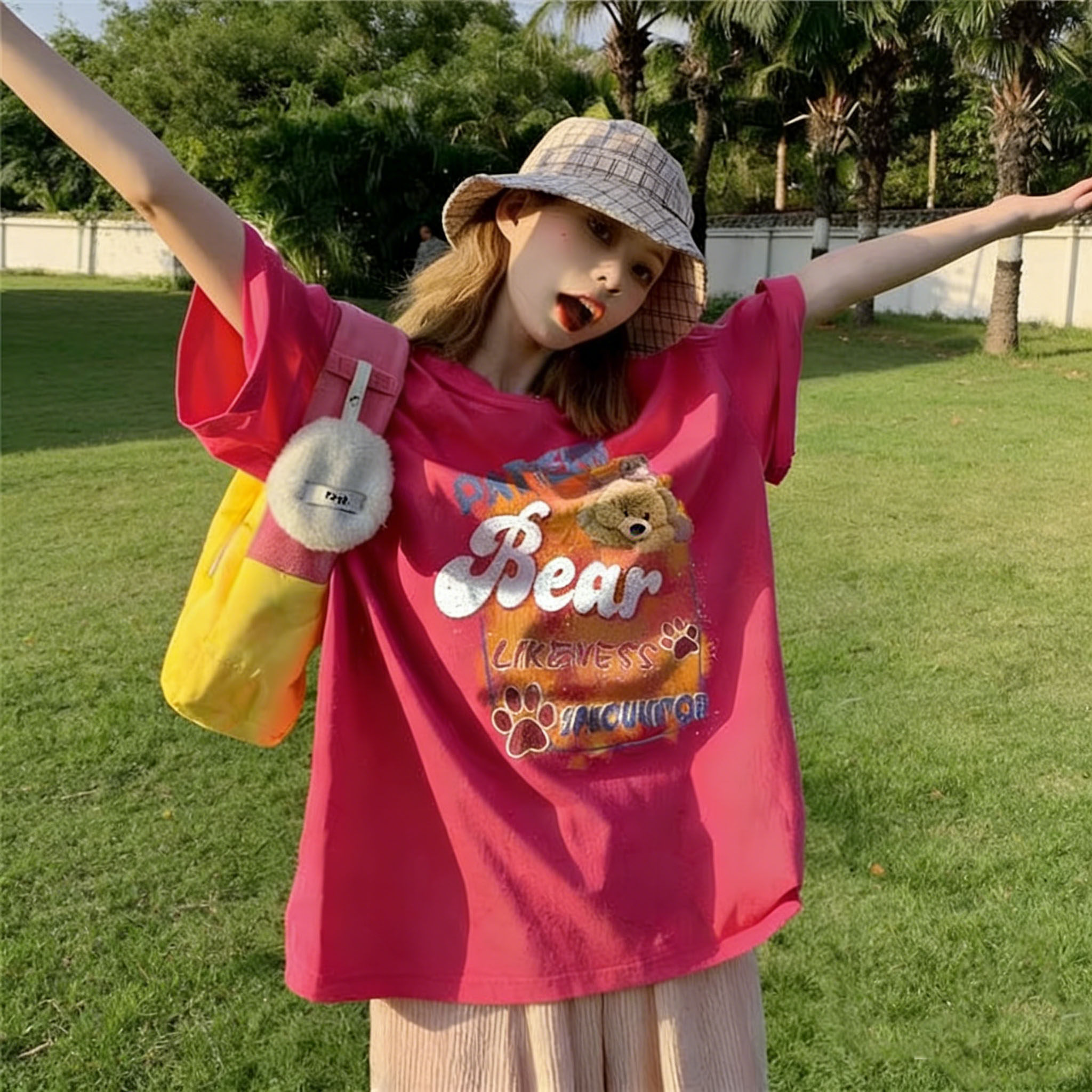 大码oversize玫红色小熊短袖t恤女小众宽松潮ins夏季薄款纯棉半袖