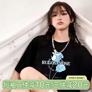 纯棉印花短袖t恤女宽松夏