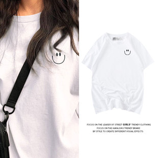 笑脸印花白色t恤女短袖韩版宽松纯棉简约胸口小标休闲百搭半袖潮