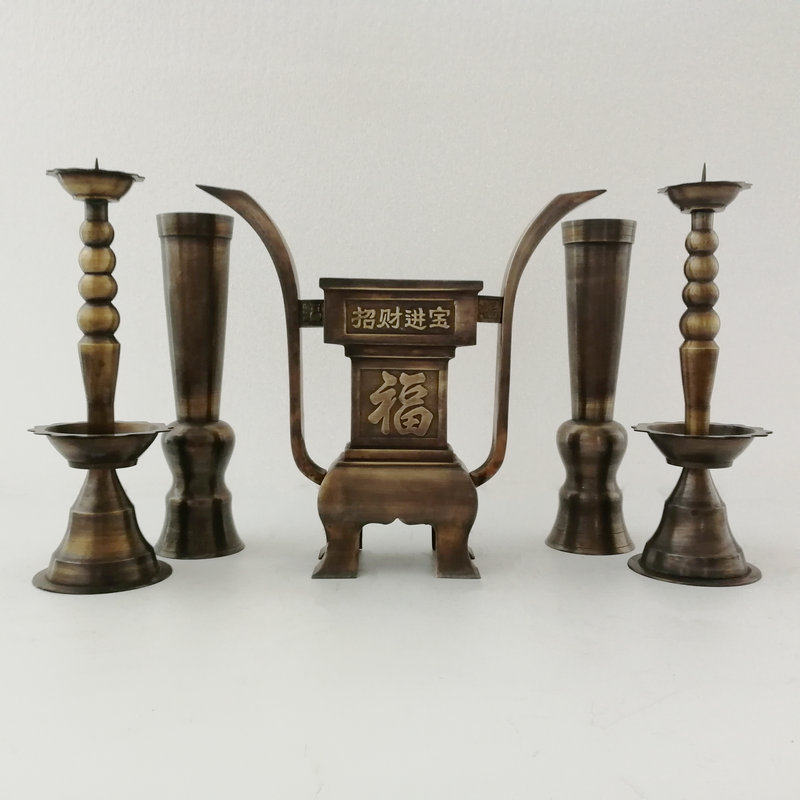 仿古铜五供 纯铜烛台香炉套件 铜香炉 纯铜香桶 香具摆件供奉供器