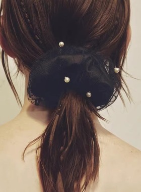 日本本土代购Goldy新款蕾丝珍珠大肠发圈高级双层发绳丸子头发圈