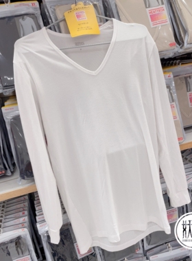 日本本土Uniqlo优衣库heattech发热保暖T恤男士长袖V领打底衫
