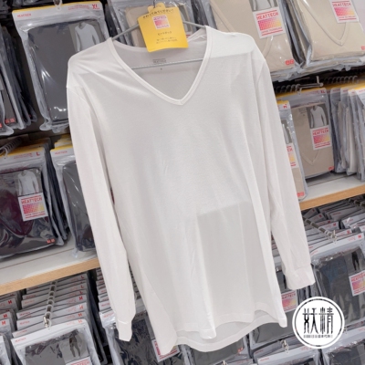 日本本土Uniqlo优衣库heattech发热保暖T恤男士长袖V领打底衫