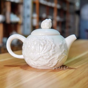 曲阳秋鸿定瓷茶具定窑高温釉白瓷球孔过滤壶牡丹纹饰茶壶中式现代