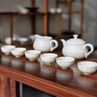 定瓷整套茶具定窑高温白瓷莲瓣纹礼盒套装现代简约送礼曲阳原产地