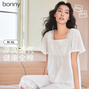 Bonny/博尼棉睡衣套装薄款格纹方领短袖七分裤套装V领睡裙棉纱