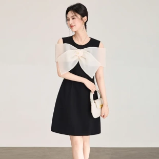 2604709-南油高货轻奢名媛风露肩欧根纱蝴蝶结连衣裙女收腰气质裙