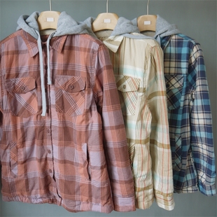 外贸单秋冬女款 格子假两件保暖休闲服外套 加绒连帽卫衣纯棉长袖
