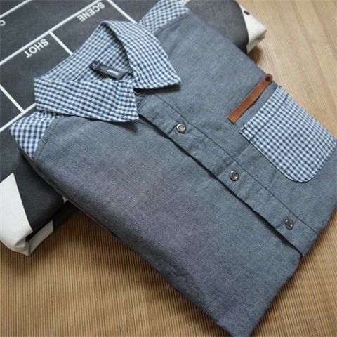 春秋薄款男装上衣衬衫纯棉牛津纺小格子长袖衬衣修身水洗镶拼做旧