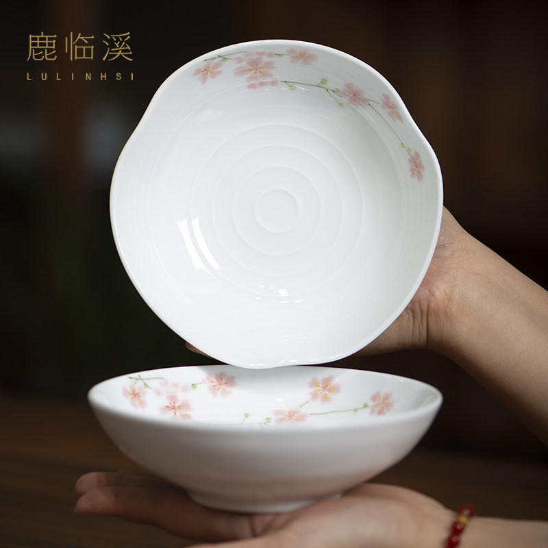 景德镇陶瓷菜盘子手绘釉下彩粥碗家用饭碗新中式田园风高温瓷餐具