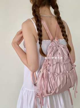 韩国代购 high cheeks 甜美褶皱蝴蝶结绑带双肩手提包 小众ins风