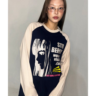 ZEO 韩国代购 wondervisitor 复古拼色美少女卡通印花宽松长袖T恤