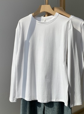 棉质宽松大码白色长袖打底衫韩版inst恤女圆领基础款叠穿内搭上衣