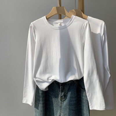 白色基础款圆领长袖棉质女T恤西服内搭经典正肩打底衫早春季上衣