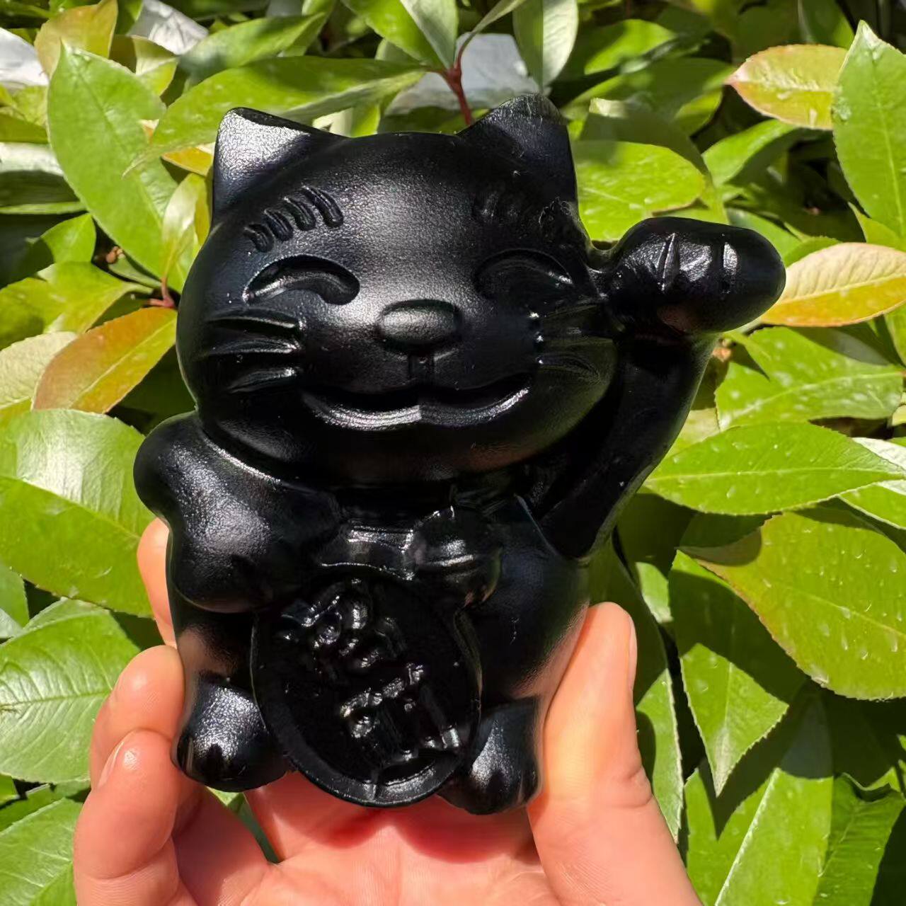 天然水晶原石打磨工艺品家居灵性摆件黑曜石雕刻招财猫摆件