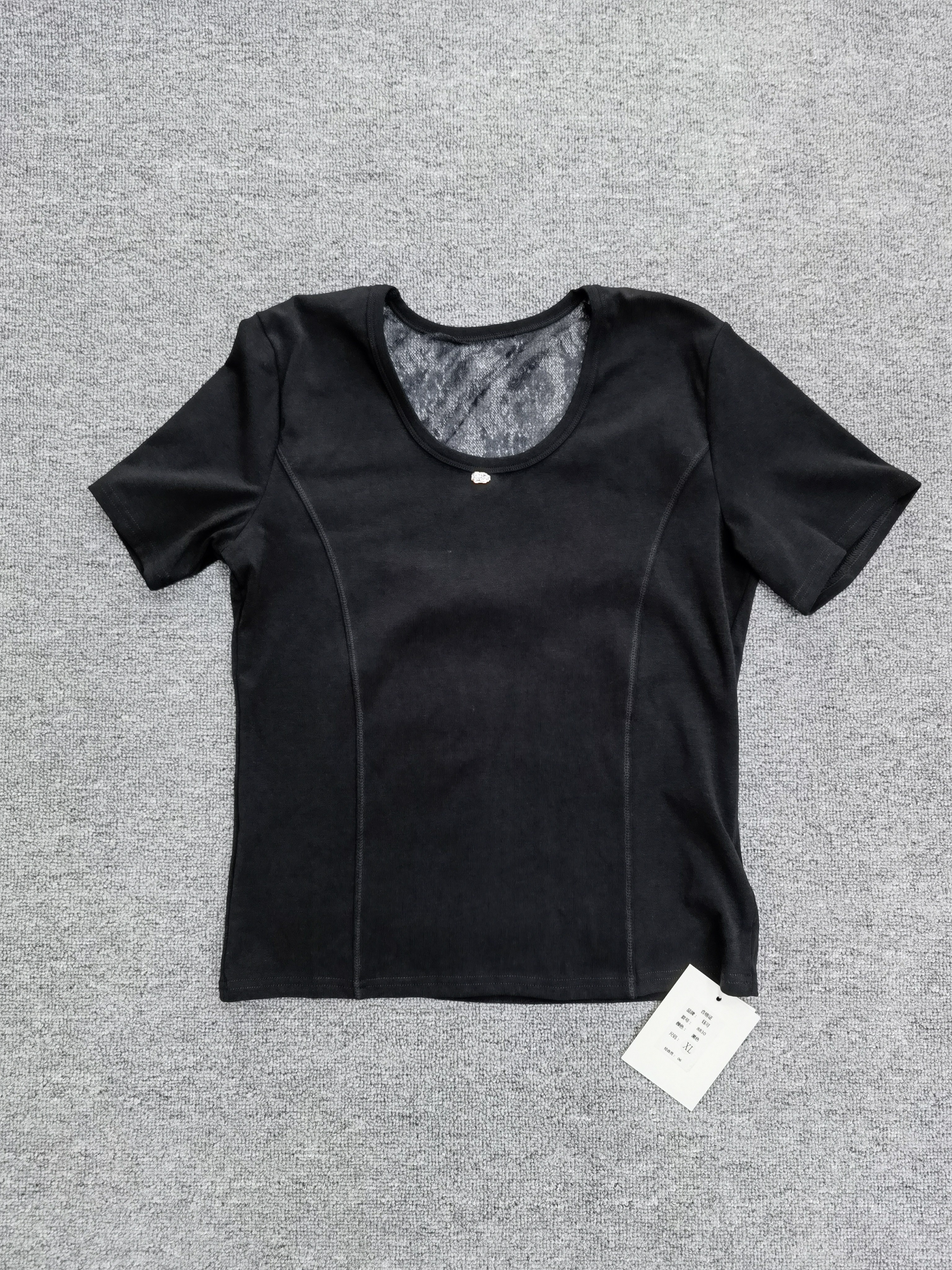 2026新款短袖圆领针织春夏季T恤女打底衫蕾丝拼接洋气修身上衣