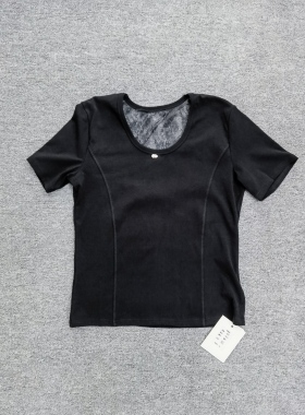 2026新款短袖圆领针织春夏季T恤女打底衫蕾丝拼接洋气修身上衣