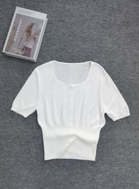 井美2026新短袖方领针织春夏季T恤女打底开衫纽扣条纹洋气宽松衣