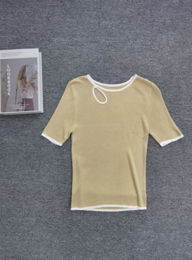 井美2026新款短袖圆领针织春夏季T恤女打底衫纽扣条纹洋气修身上