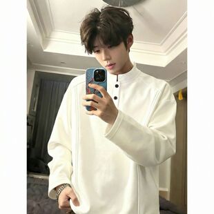重磅帅气卫衣内搭打底衫 2026新款 t恤男春秋季 亨利领长袖 白色美式