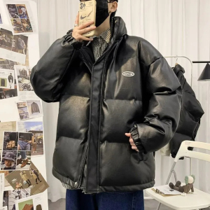 冬季pu皮羽绒服男款立领宽松大码冬装加厚面包服情侣港风保暖外套