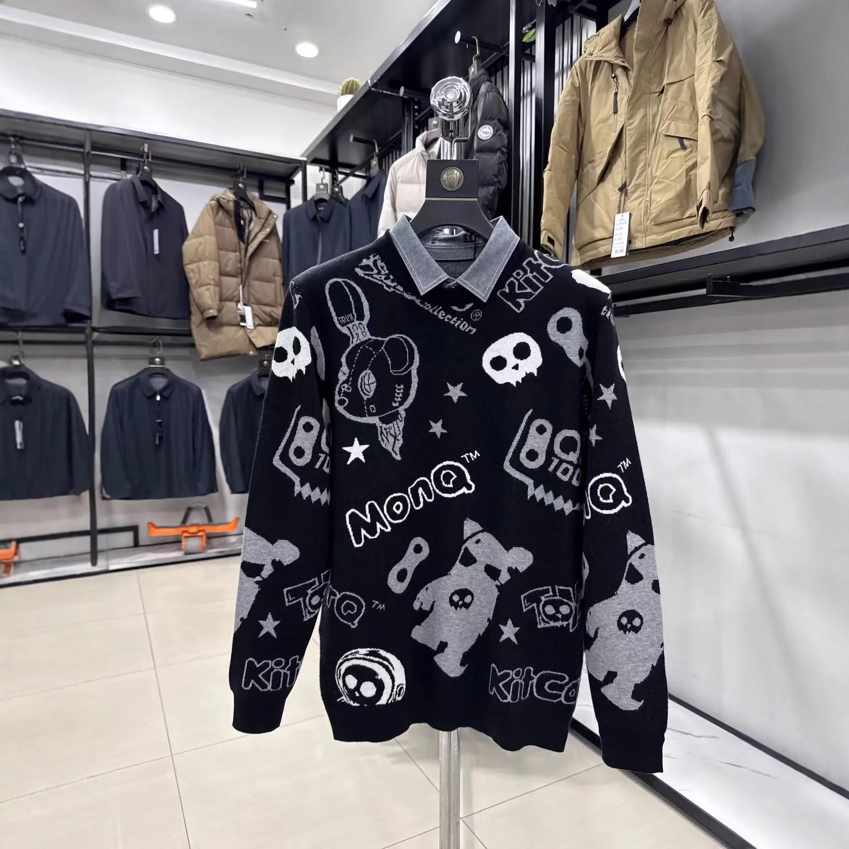 【H家】包纱芯毛衣！秋冬时尚涂鸦休闲宽松假两件针织毛衣4U067A