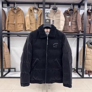 4D603A 90%白鸭绒翻领羽绒服男商务休闲保暖外套黑色常规款 H家