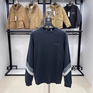 H家 修身 休闲风 男秋长袖 拼色条纹套头毛衣3Y048A 圆领针织衫