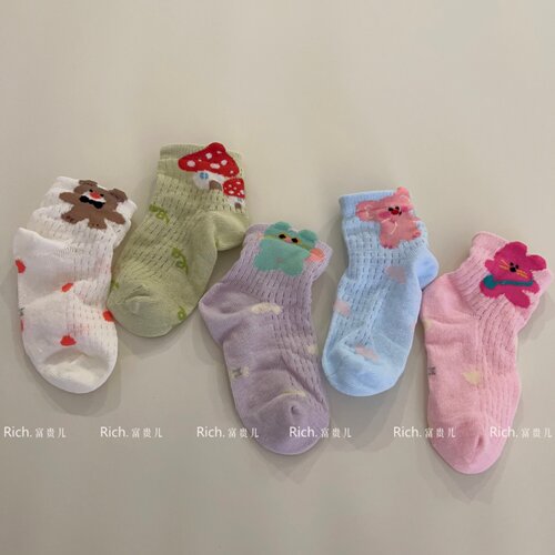 5双装韩系儿童袜子春夏薄款女童可爱小动物彩色多巴胺网眼中筒袜