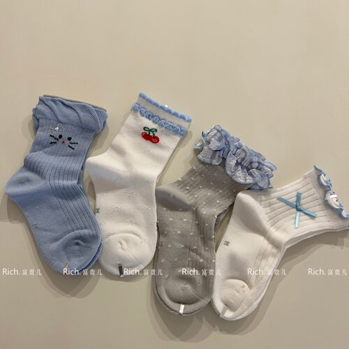 4双装韩系儿童袜子女童夏薄款网眼透气海盐蓝色系花边樱桃堆堆袜