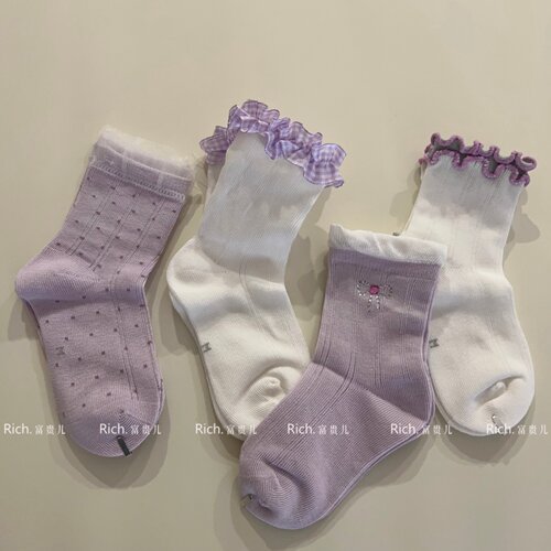 4双装 韩系儿童夏季紫色系花边网眼透气薄款女童百搭甜美中筒袜