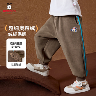 巴布豆男童加绒卫裤一体绒儿童长裤奥粒绒宝宝外出保暖运动裤