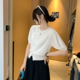 Suseyiku Lyocell Tencel Французский нежный вязаный кардиган с пышными рукавами, новый летний женский однотонный топ