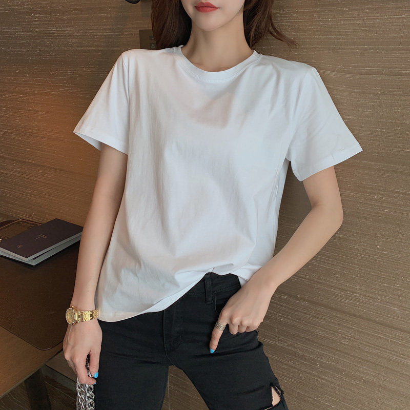 白色t恤女夏棉质基础款短袖女新款纯白色纯色显瘦体桖白t打底体恤