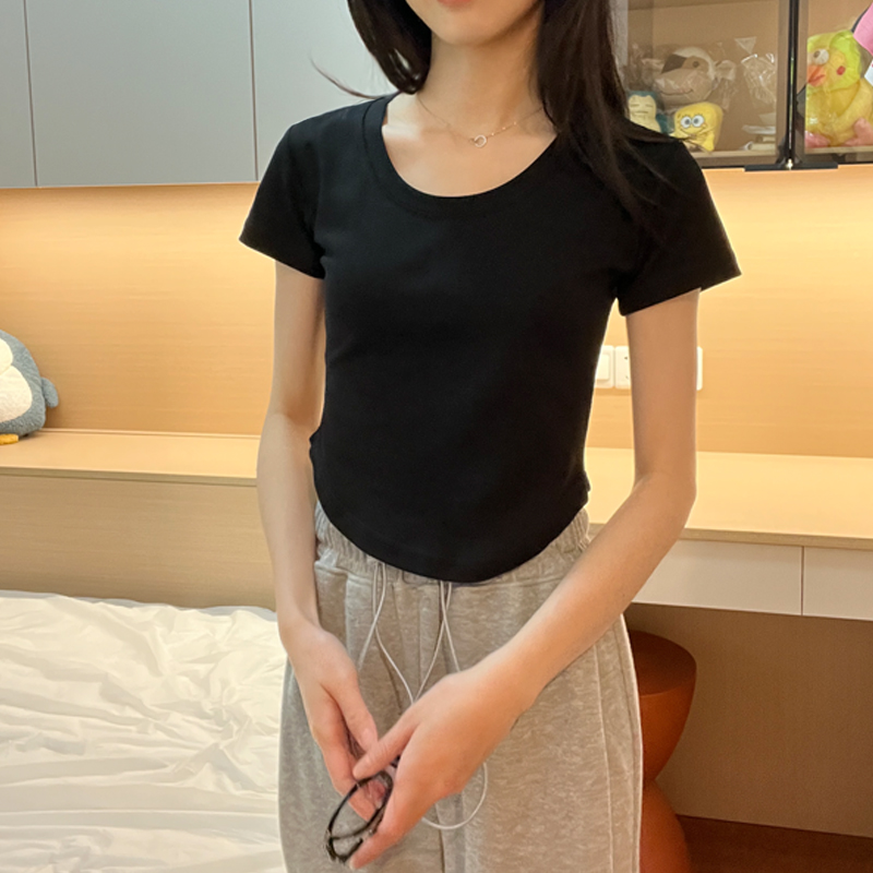 弧形下摆高弹收腰修身体恤女夏季纯色显瘦短款正肩短袖T恤上衣黑