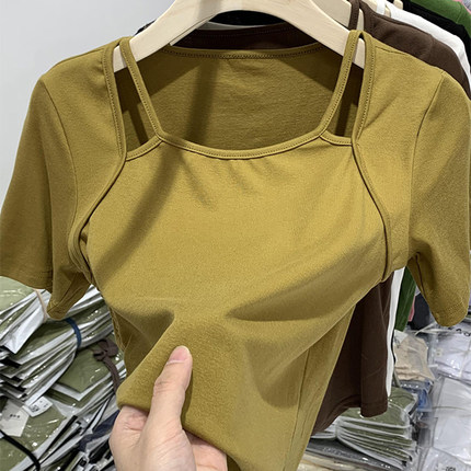 假两件短袖t恤女春夏2022年设计感小众甜酷高腰方领短款镂空上衣