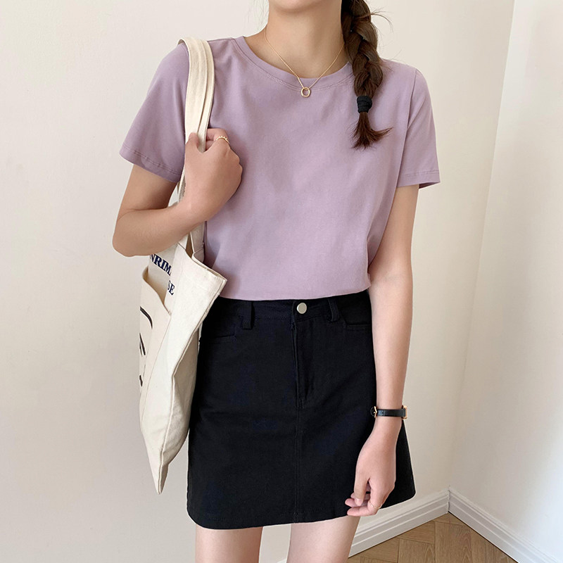 纯色短袖t恤女夏季基础圆领潮流ins简约内搭棉质学生休闲白半袖潮