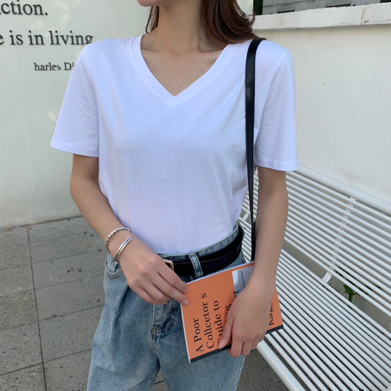 白色t恤短袖女宽松v领2021鸡心领夏装棉质大码学生百搭上衣ins潮