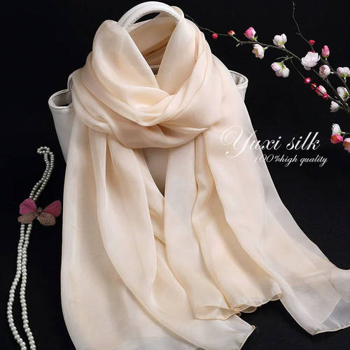 裸米色纯色桑蚕丝长款真丝丝巾披肩真丝皱春秋冬夏季丝绸围巾头巾