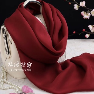 酒红色 缎面防晒丝长款真丝披肩女纱巾 缎面丝绸围巾女士高档素色
