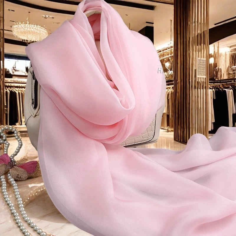桃粉杭州桑蚕丝围巾女士纯色百搭长款真丝丝巾纱巾春秋冬夏季披肩