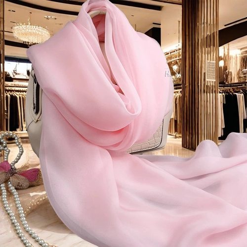 桃粉杭州桑蚕丝围巾女士纯色百搭长款真丝丝巾纱巾春秋冬夏季披肩