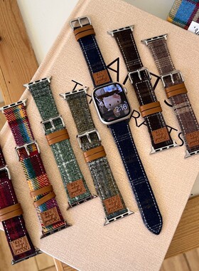 彩色毛呢韩系格纹高级感秋冬表带适用s10代iwatch9苹果手表SE87女