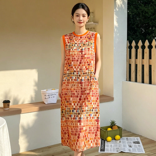 女士无袖棉绸连衣裙2026新款夏季大码宽松妈妈款垂坠感印花长裙子