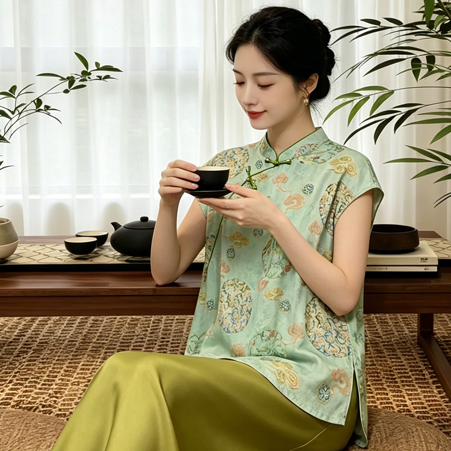 女士夏季印花立领衬衫新中式无袖上衣2026新款宽松国风女装小衫薄图片