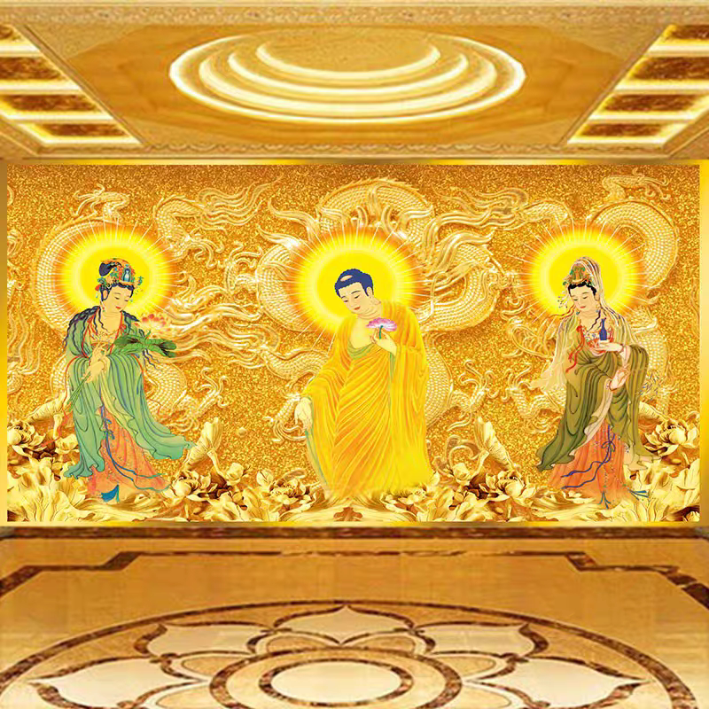 西方三圣壁纸壁画佛光普照客厅佛像阿弥陀佛像佛堂寺庙背景墙纸