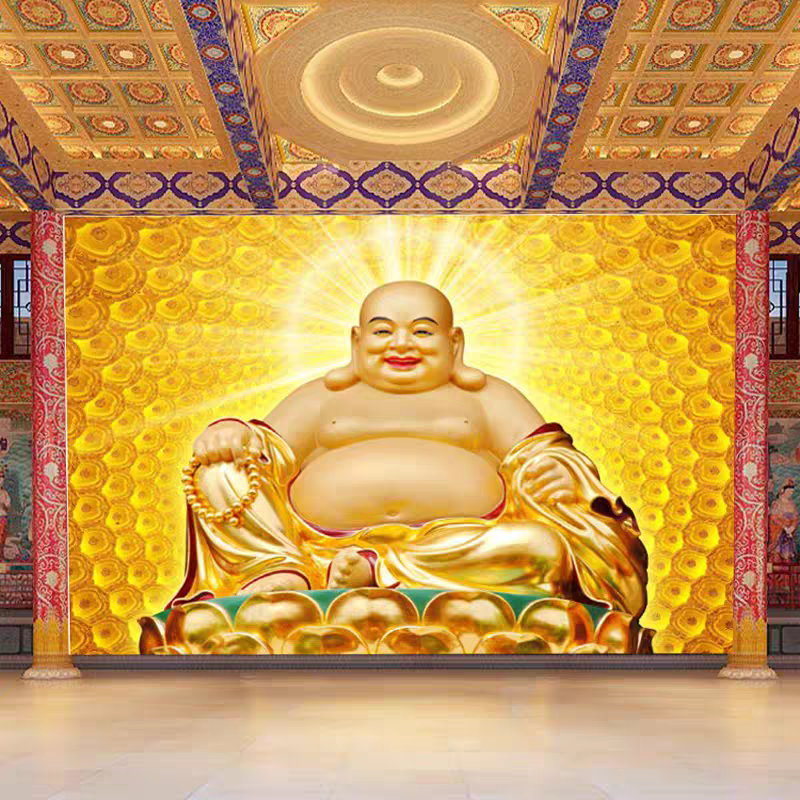 金色弥勒佛壁纸笑佛玄关客厅墙布佛像佛图佛像祖壁画墙纸壁布定制