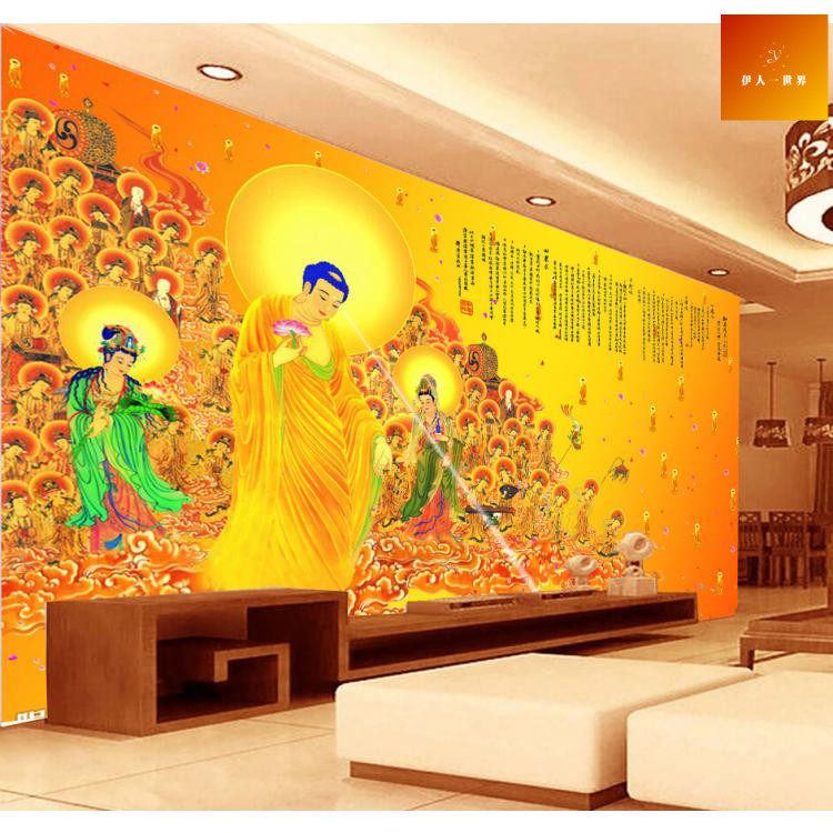 西方三圣接引图佛像壁画极乐世界背景墙阿弥陀佛心经装饰背景墙纸,家装主材,定制壁画,淘宝优惠券,粉丝福利购,淘宝优惠卷