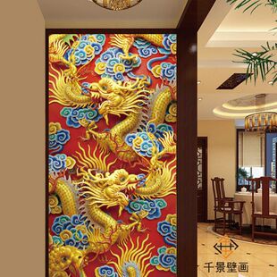 18D金色浮雕九龙戏珠壁纸玄关壁画墙纸酒店宾馆过道走廊背景墙布